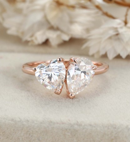 Heart Shaped And Pear Cut Moissanite Engagement Ring 14K Rose Gold Two Stone Toi Et Moi Ring