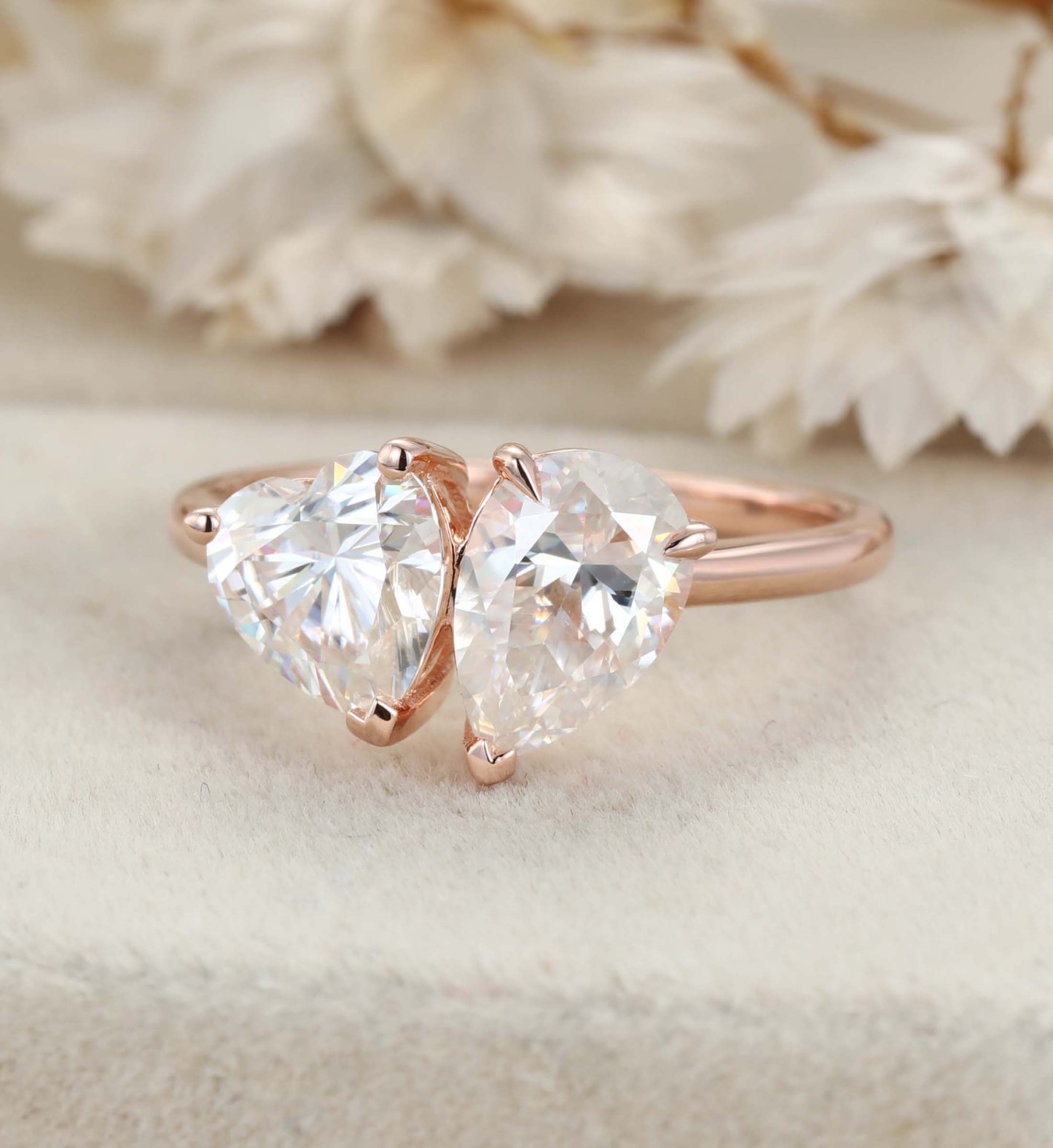Heart Shaped And Pear Cut Moissanite Engagement Ring 14K Rose Gold Two Stone Toi Et Moi Ring