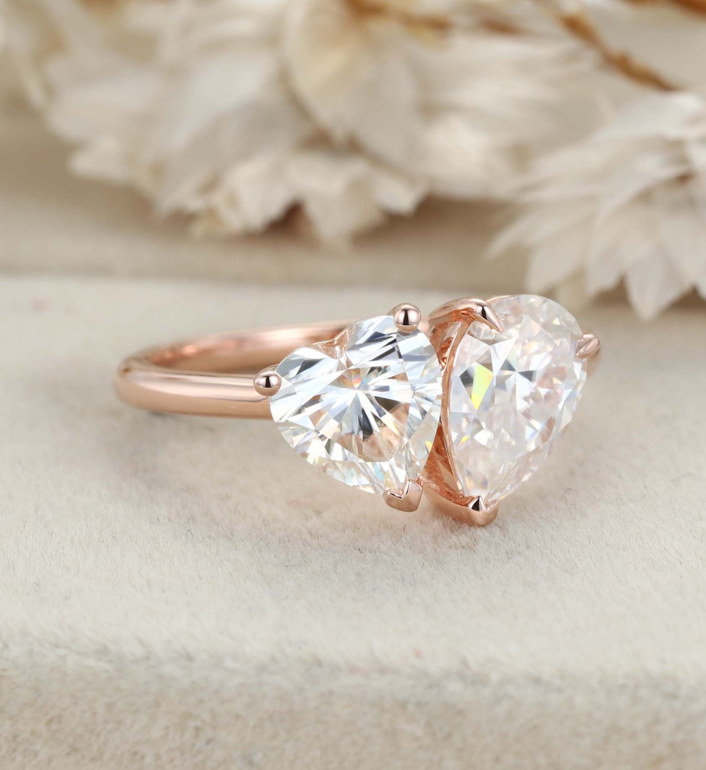 Heart Shaped And Pear Cut Moissanite Engagement Ring 14K Rose Gold Two Stone Toi Et Moi Ring