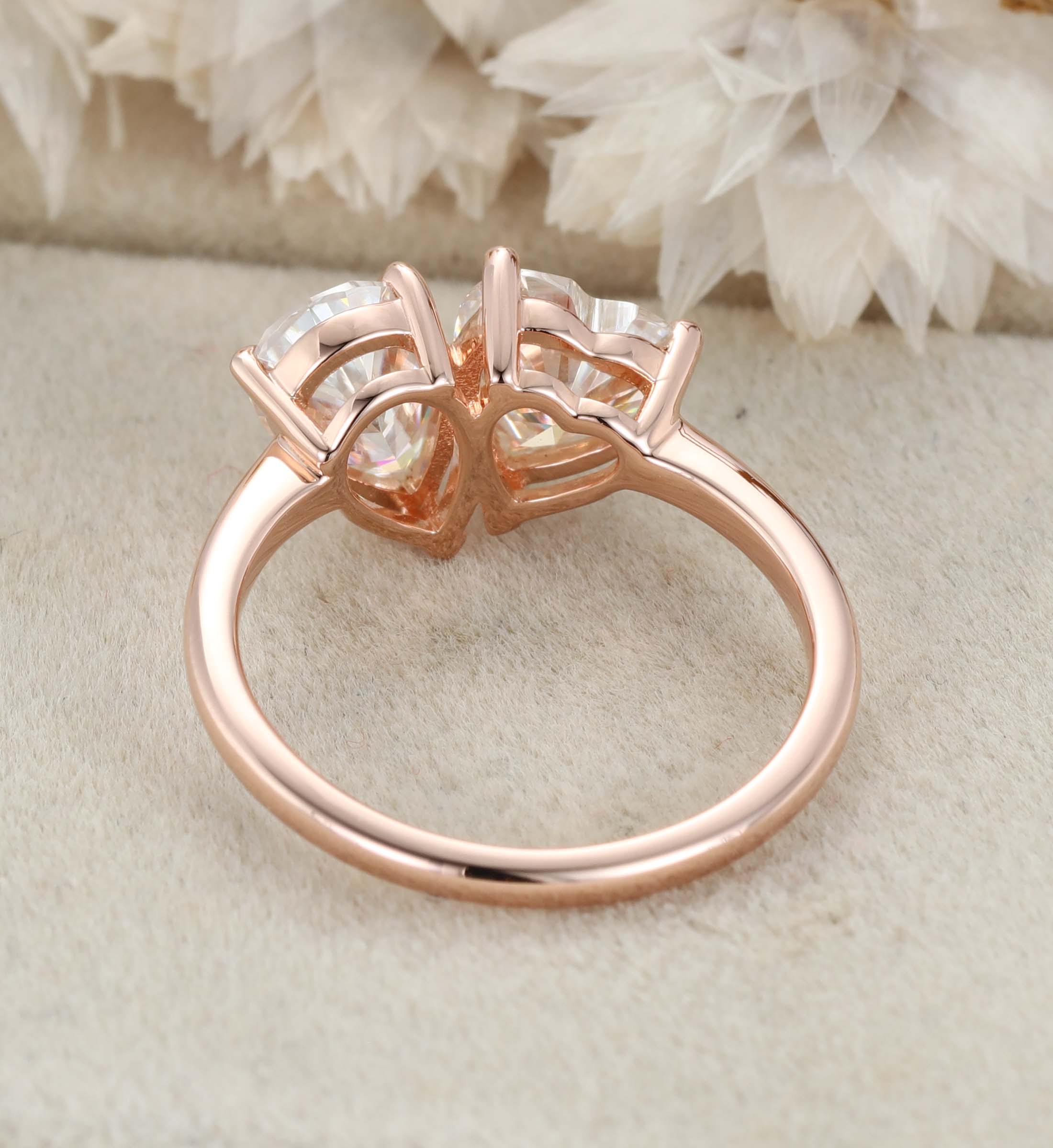Heart Shaped And Pear Cut Moissanite Engagement Ring 14K Rose Gold Two Stone Toi Et Moi Ring