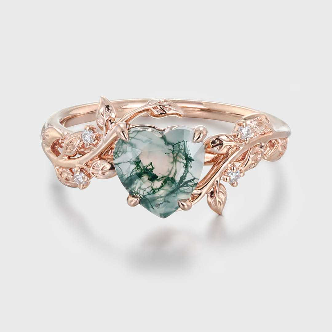 Heart cut Moss agate ring vintage Rose gold leaf nature inspired unique engagement ring diamond bridal wedding ring women gift