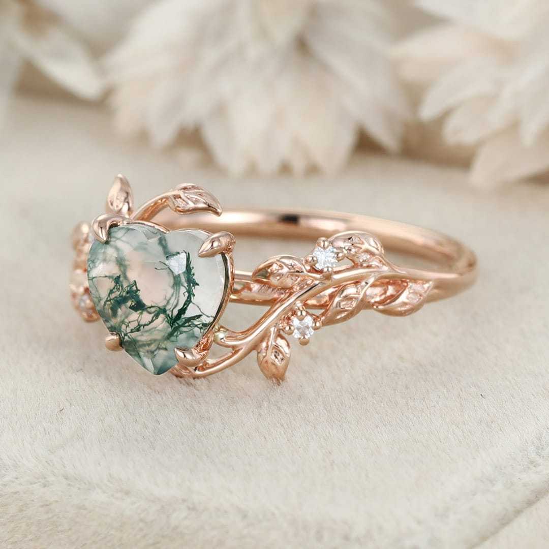 Heart cut Moss agate ring vintage Rose gold leaf nature inspired unique engagement ring diamond bridal wedding ring women gift