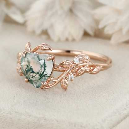 Heart cut Moss agate ring vintage Rose gold leaf nature inspired unique engagement ring diamond bridal wedding ring women gift