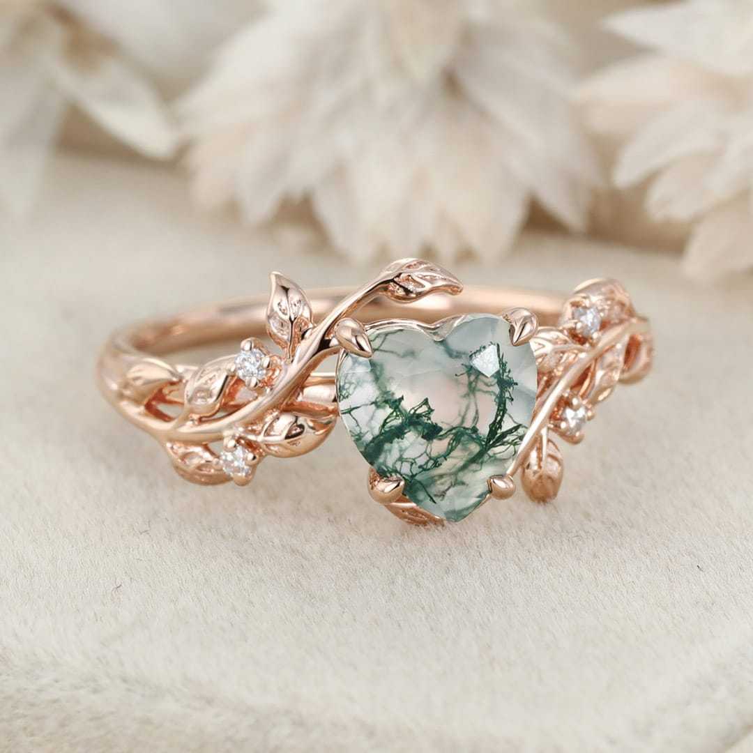 Heart cut Moss agate ring vintage Rose gold leaf nature inspired unique engagement ring diamond bridal wedding ring women gift