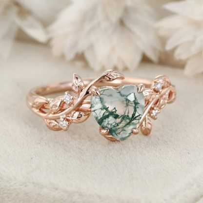 Heart cut Moss agate ring vintage Rose gold leaf nature inspired unique engagement ring diamond bridal wedding ring women gift