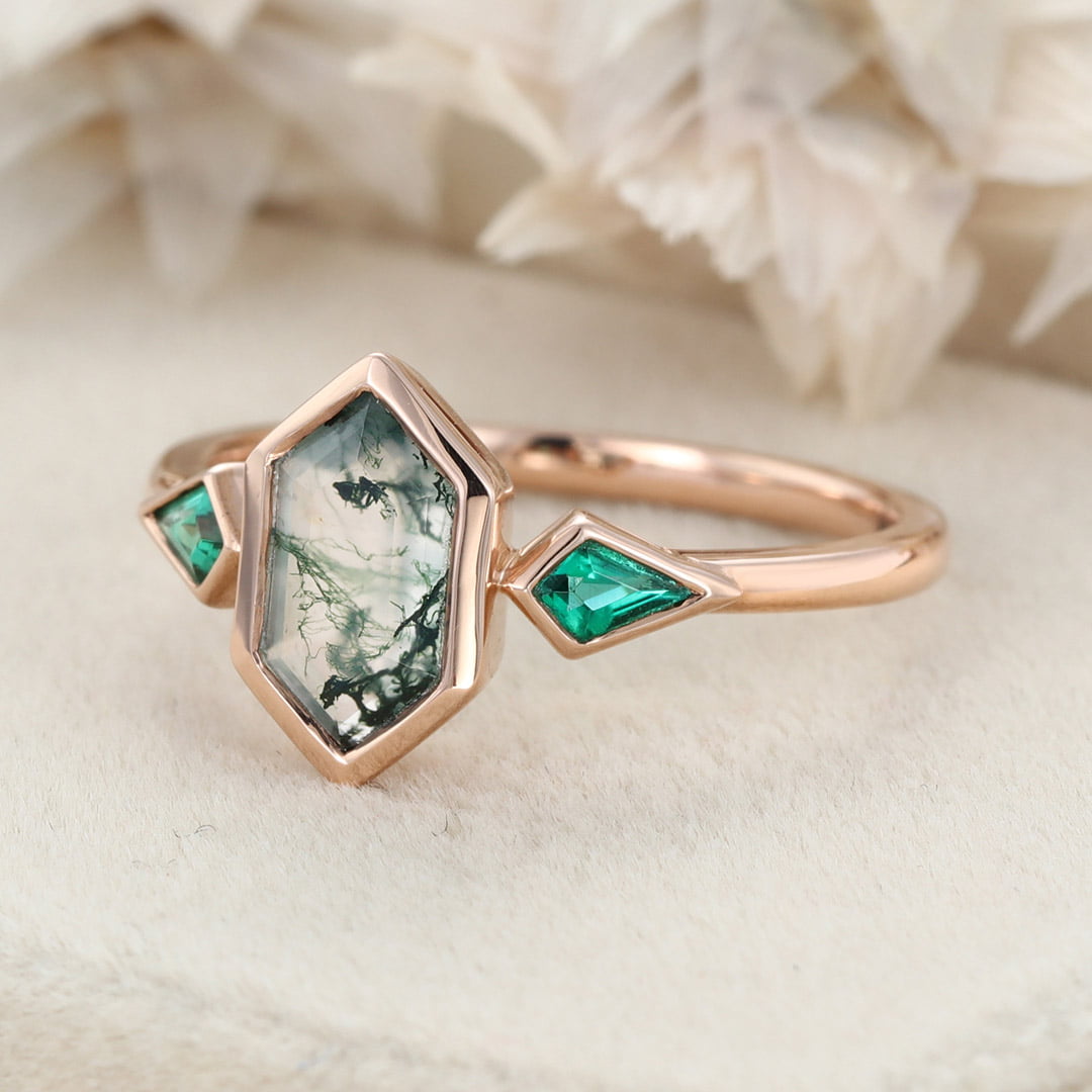 Hexagon Cut Bezel Set Moss Agate Engagement Ring Rose Gold Kite Cut Lab Emerald Ring Three Stone Ring