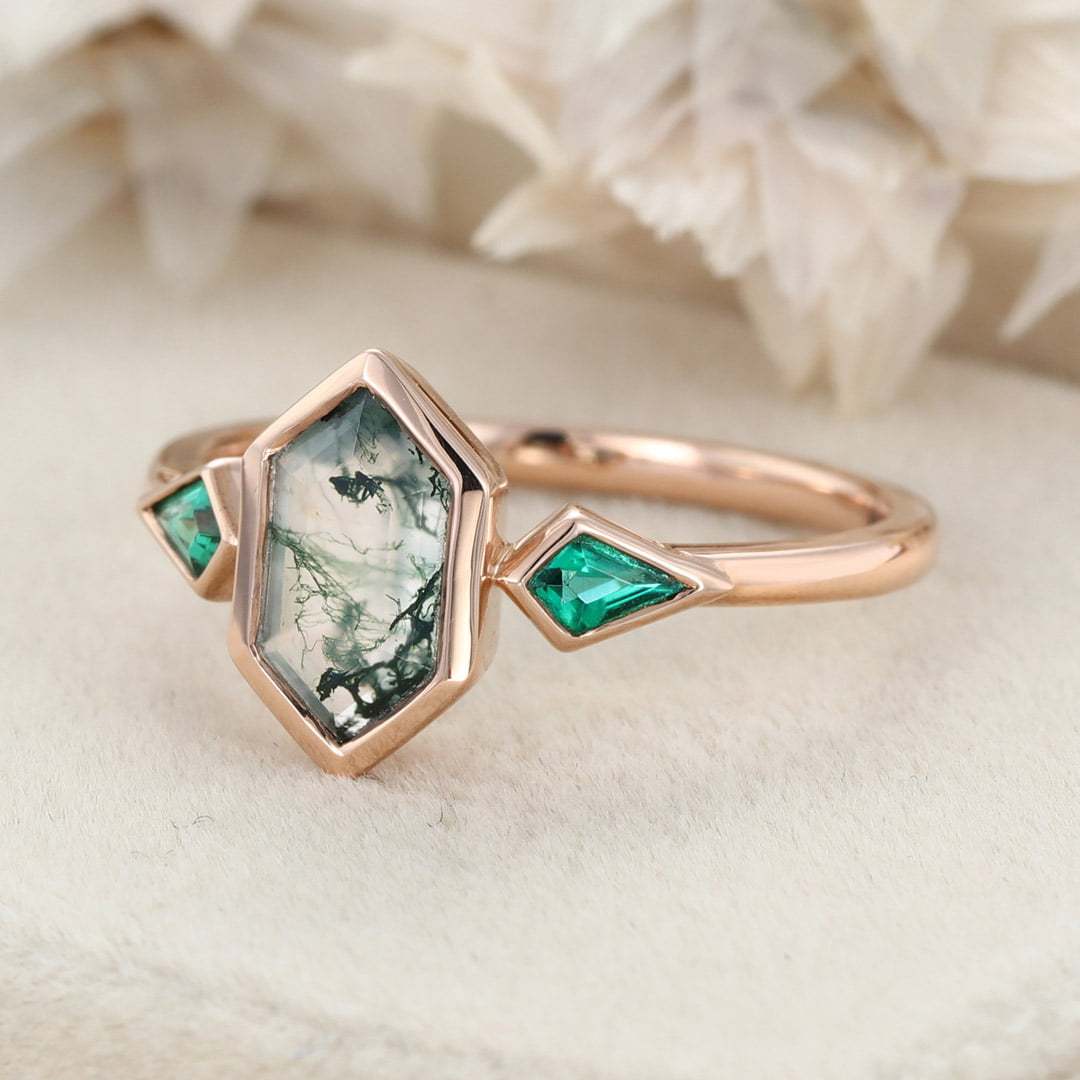 Hexagon Cut Bezel Set Moss Agate Engagement Ring Rose Gold Kite Cut Lab Emerald Ring Three Stone Ring