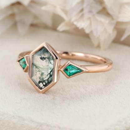 Hexagon Cut Bezel Set Moss Agate Engagement Ring Rose Gold Kite Cut Lab Emerald Ring Three Stone Ring
