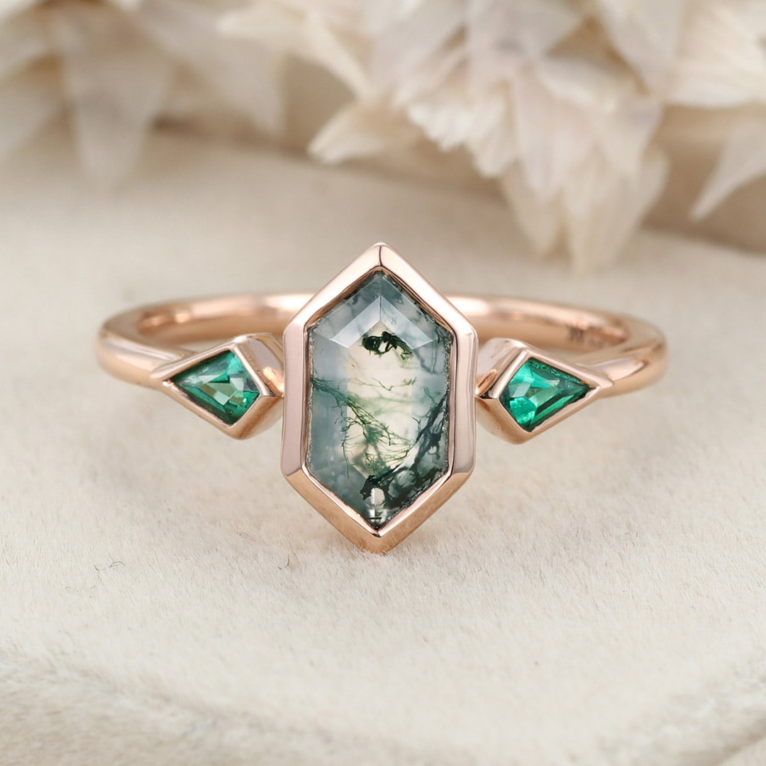 Hexagon Cut Bezel Set Moss Agate Engagement Ring Rose Gold Kite Cut Lab Emerald Ring Three Stone Ring
