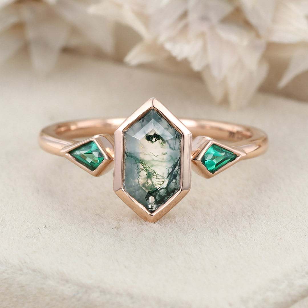 Hexagon Cut Bezel Set Moss Agate Engagement Ring Rose Gold Kite Cut Lab Emerald Ring Three Stone Ring