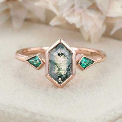 Hexagon Cut Bezel Set Moss Agate Engagement Ring Rose Gold Kite Cut Lab Emerald Ring Three Stone Ring