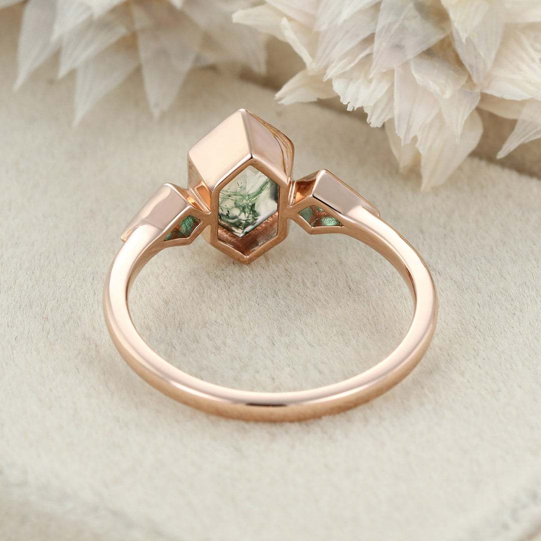 Hexagon Cut Bezel Set Moss Agate Engagement Ring Rose Gold Kite Cut Lab Emerald Ring Three Stone Ring