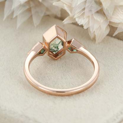 Hexagon Cut Bezel Set Moss Agate Engagement Ring Rose Gold Kite Cut Lab Emerald Ring Three Stone Ring