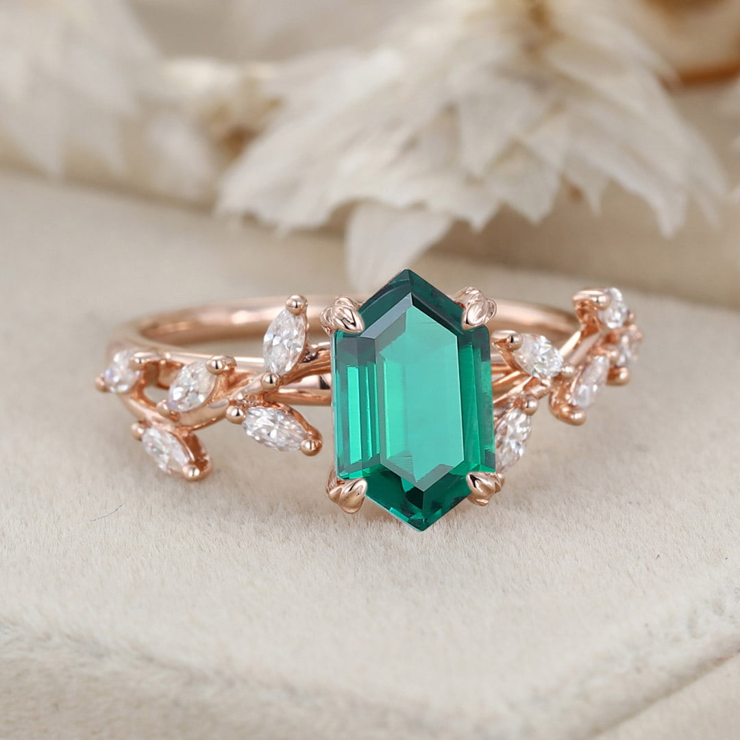 Gold Emerald Promise Ring Hexagon Cut Lab Grown Emerald Promise