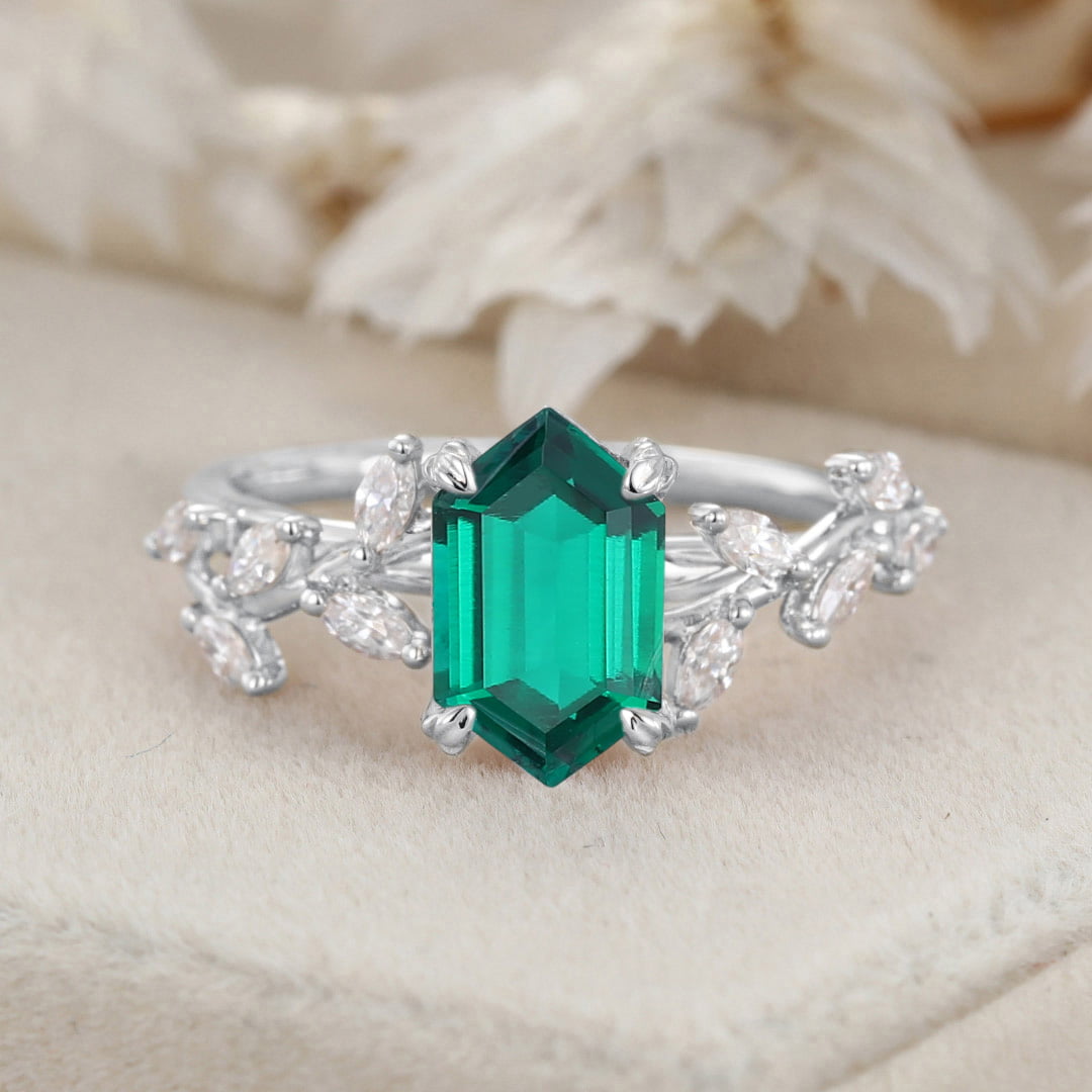 Hexagon Cut Lab Grown Emerald Ring With Marquise Moissanite in14K Gold Branch Design