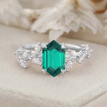 Hexagon Cut Lab Grown Emerald Ring With Marquise Moissanite in14K Gold Branch Design