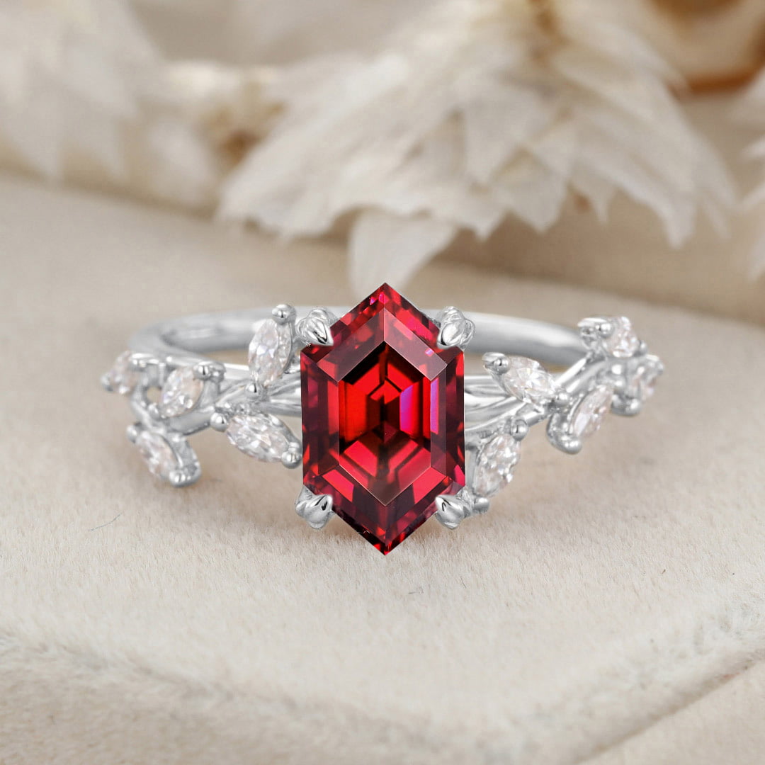 Hexagon Cut Lab-Grown Ruby Engagement Ring in 14K Solid Gold Branch Design With Marquise Moissanite Ring