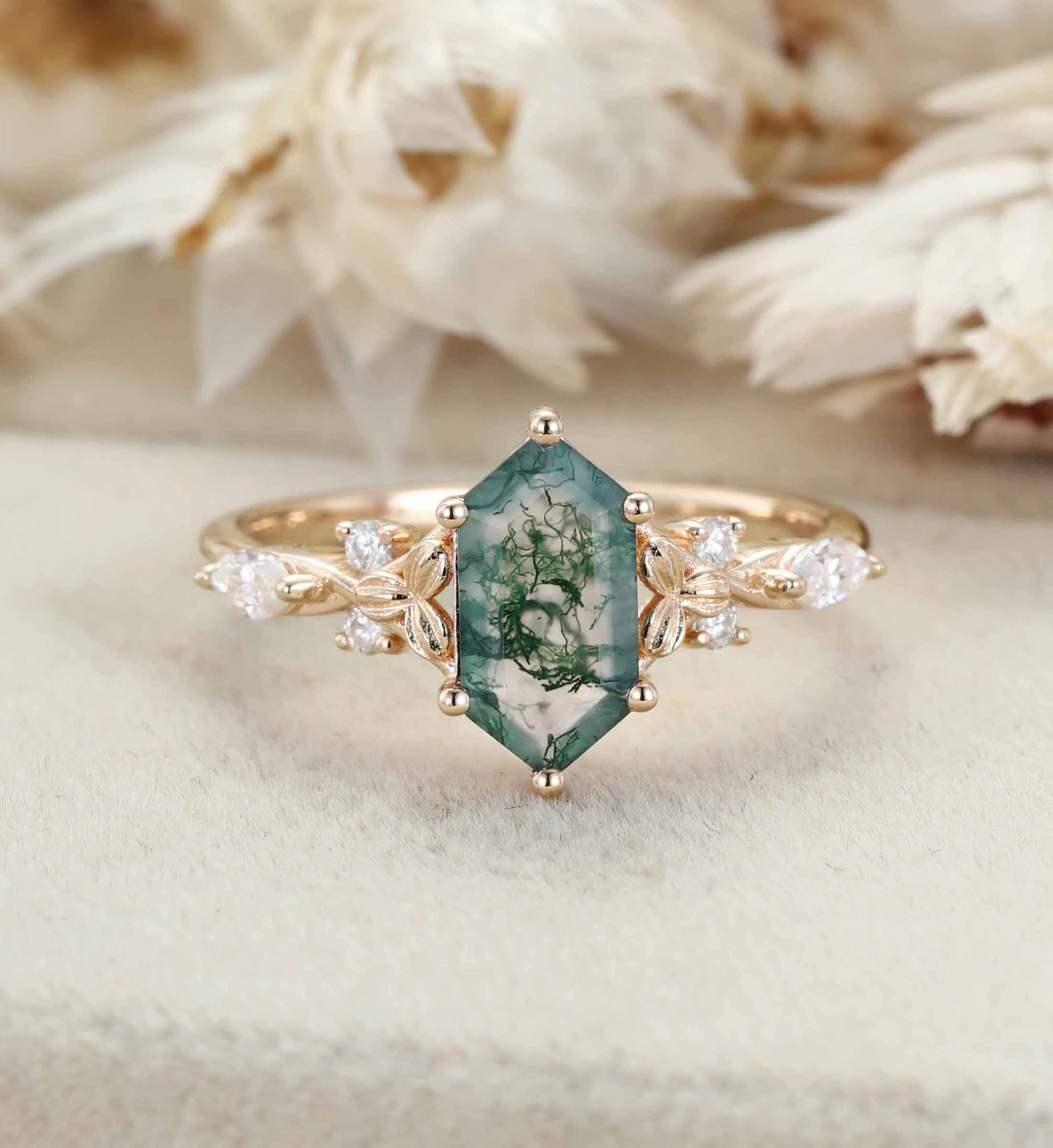 Hexagon Cut Moss Agate Engagement Ring Leaf Twist Marquise Diamond Rose Gold Band Moissanite Promise Gift