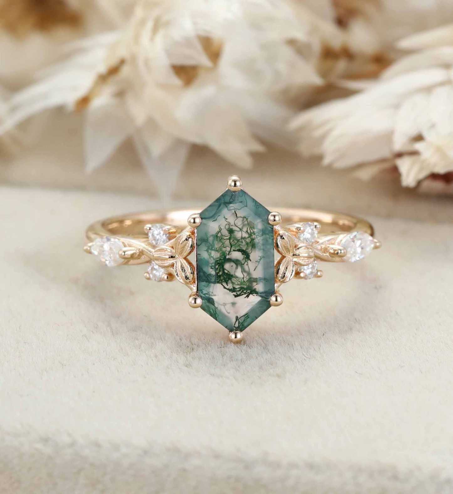 Hexagon Cut Moss Agate Engagement Ring Leaf Twist Marquise Diamond Rose Gold Band Moissanite Promise Gift