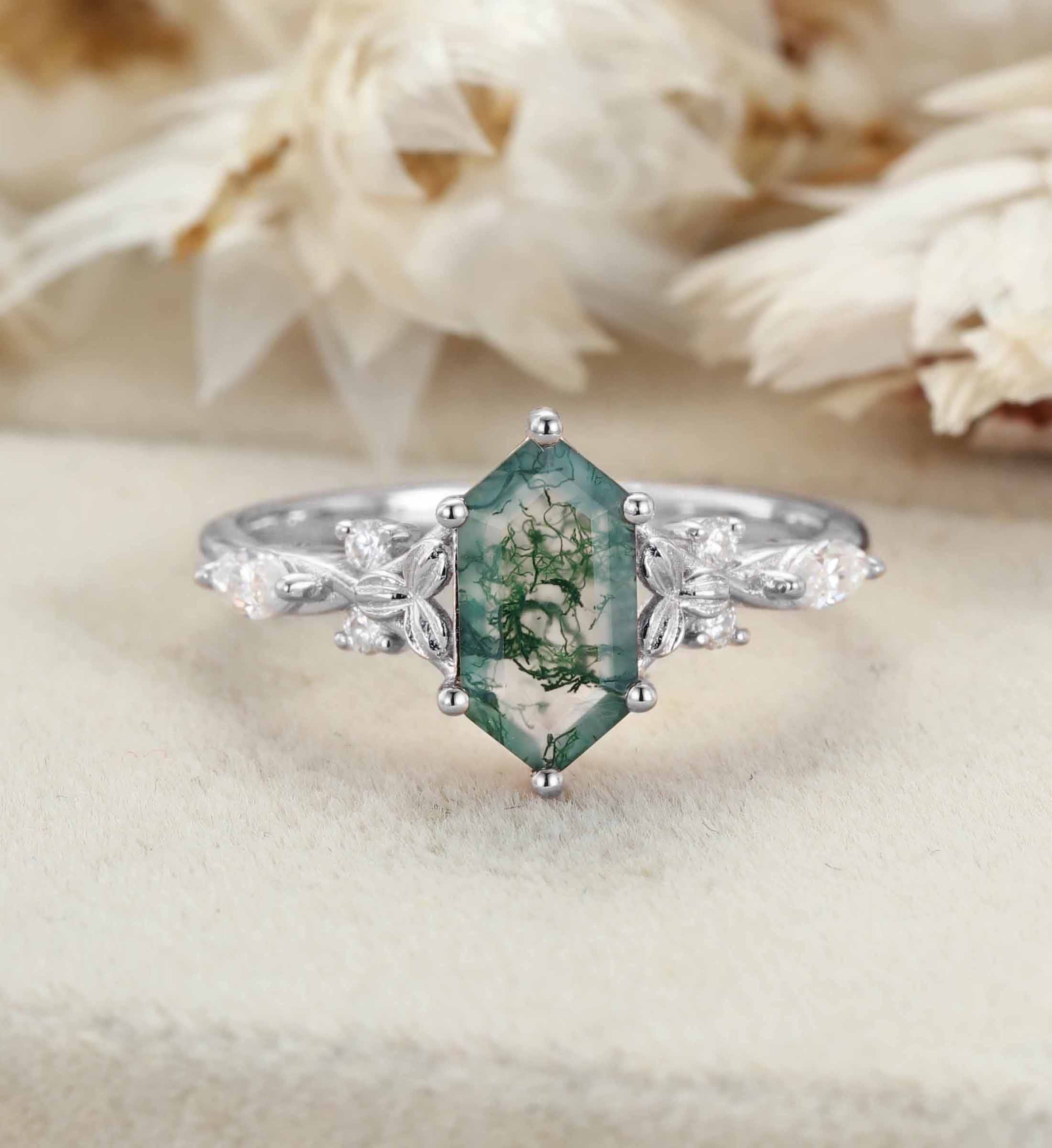 Hexagon Cut Moss Agate Engagement Ring Leaf Twist Marquise Diamond Rose Gold Band Moissanite Promise Gift
