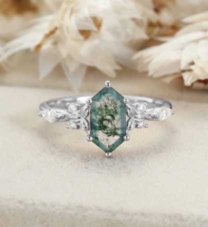 Hexagon Cut Moss Agate Engagement Ring Leaf Twist Marquise Diamond Rose Gold Band Moissanite Promise Gift