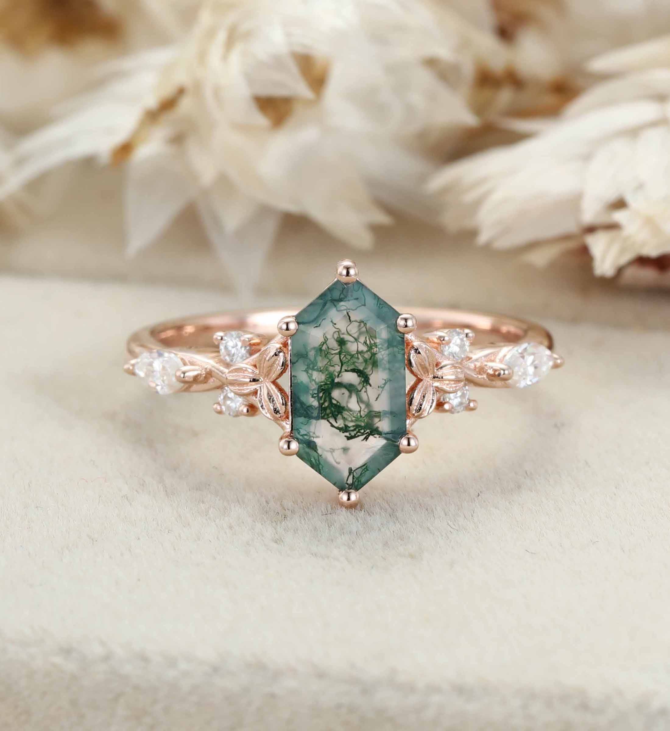 Hexagon Cut Moss Agate Engagement Ring Leaf Twist Marquise Diamond Rose Gold Band Moissanite Promise Gift