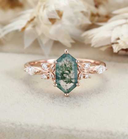 Hexagon Cut Moss Agate Engagement Ring Leaf Twist Marquise Diamond Rose Gold Band Moissanite Promise Gift