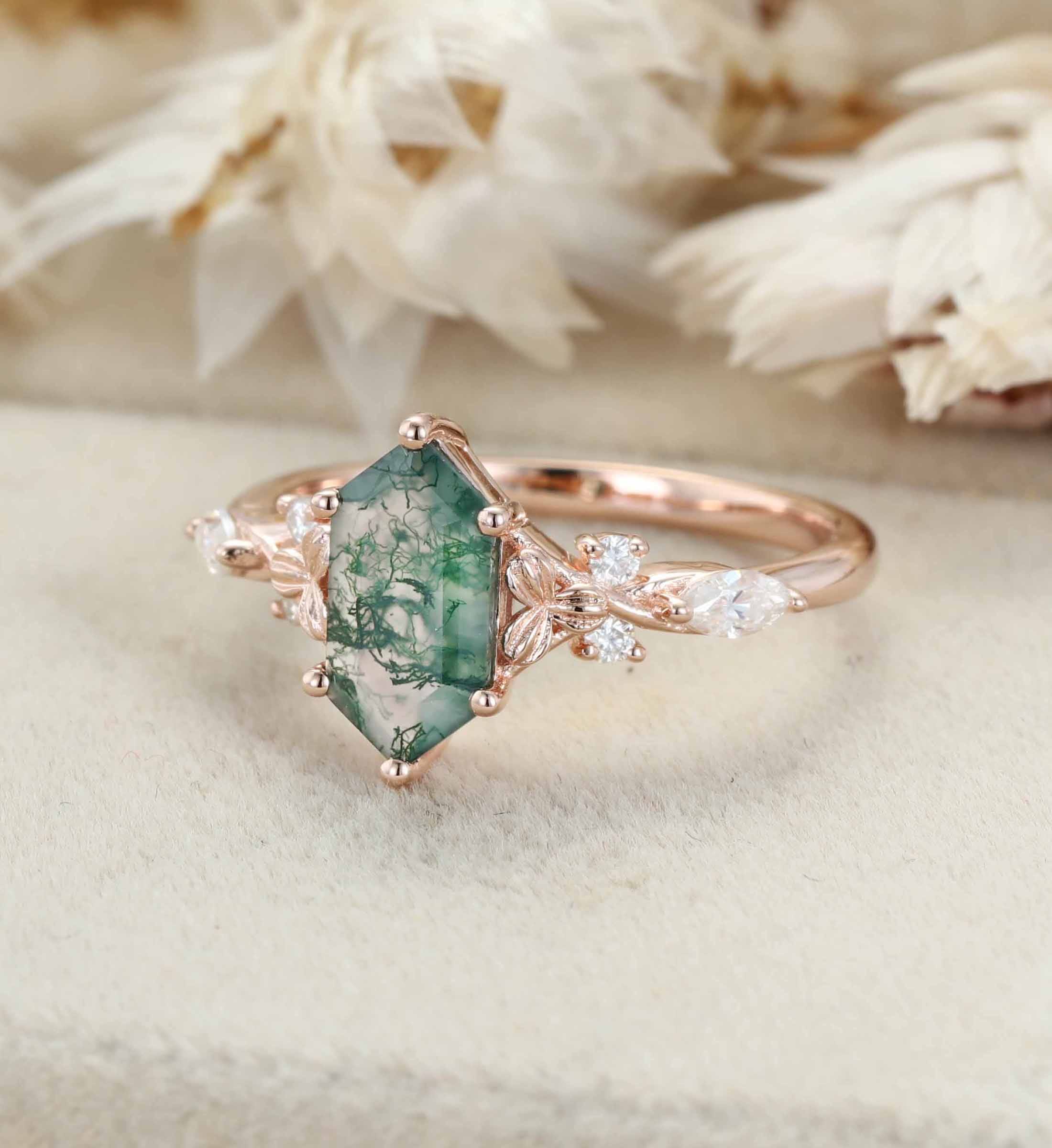 Hexagon Cut Moss Agate Engagement Ring Leaf Twist Marquise Diamond Rose Gold Band Moissanite Promise Gift