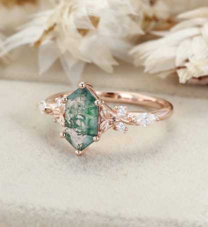 Hexagon Cut Moss Agate Engagement Ring Leaf Twist Marquise Diamond Rose Gold Band Moissanite Promise Gift