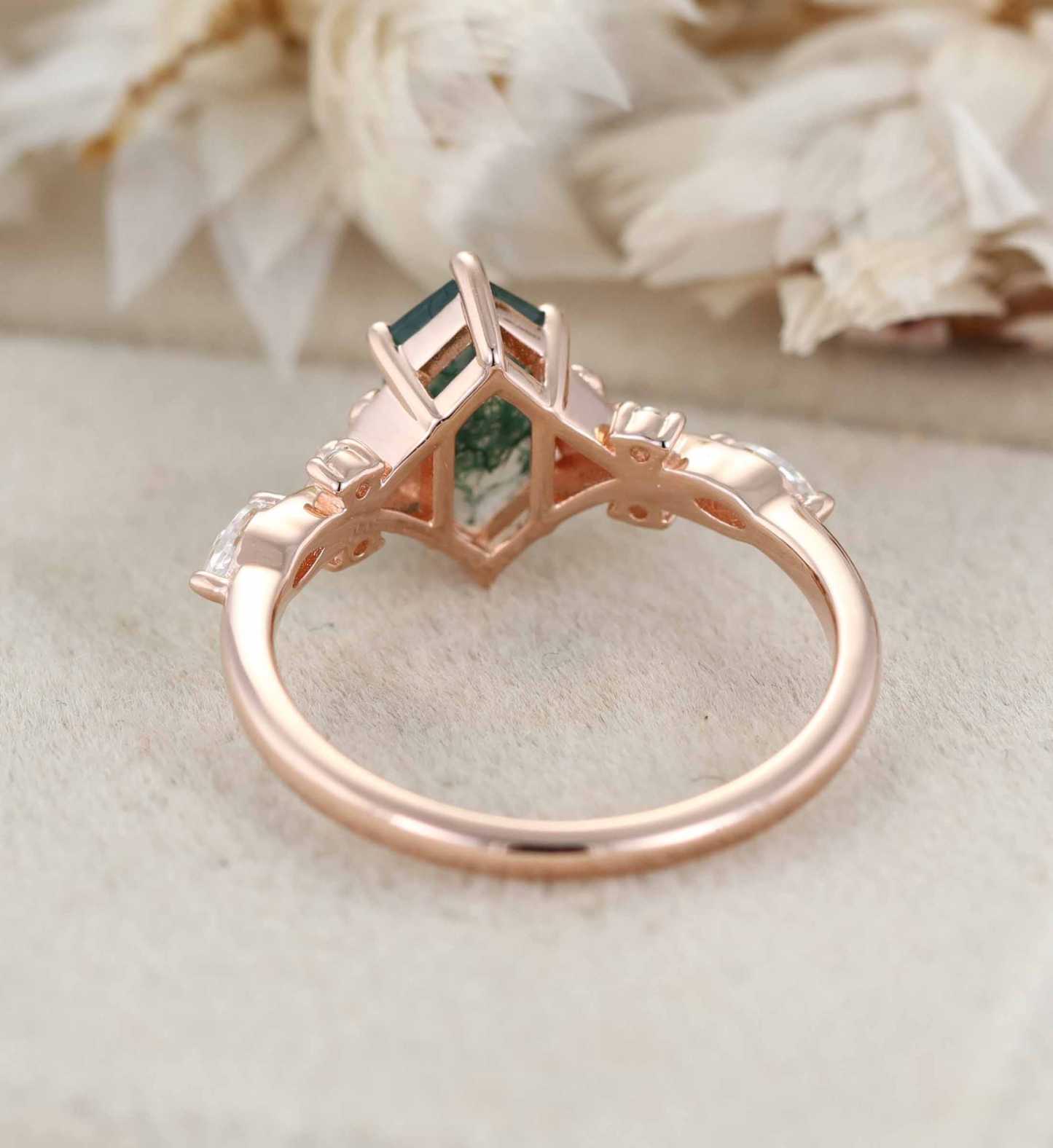 Hexagon Cut Moss Agate Engagement Ring Leaf Twist Marquise Diamond Rose Gold Band Moissanite Promise Gift