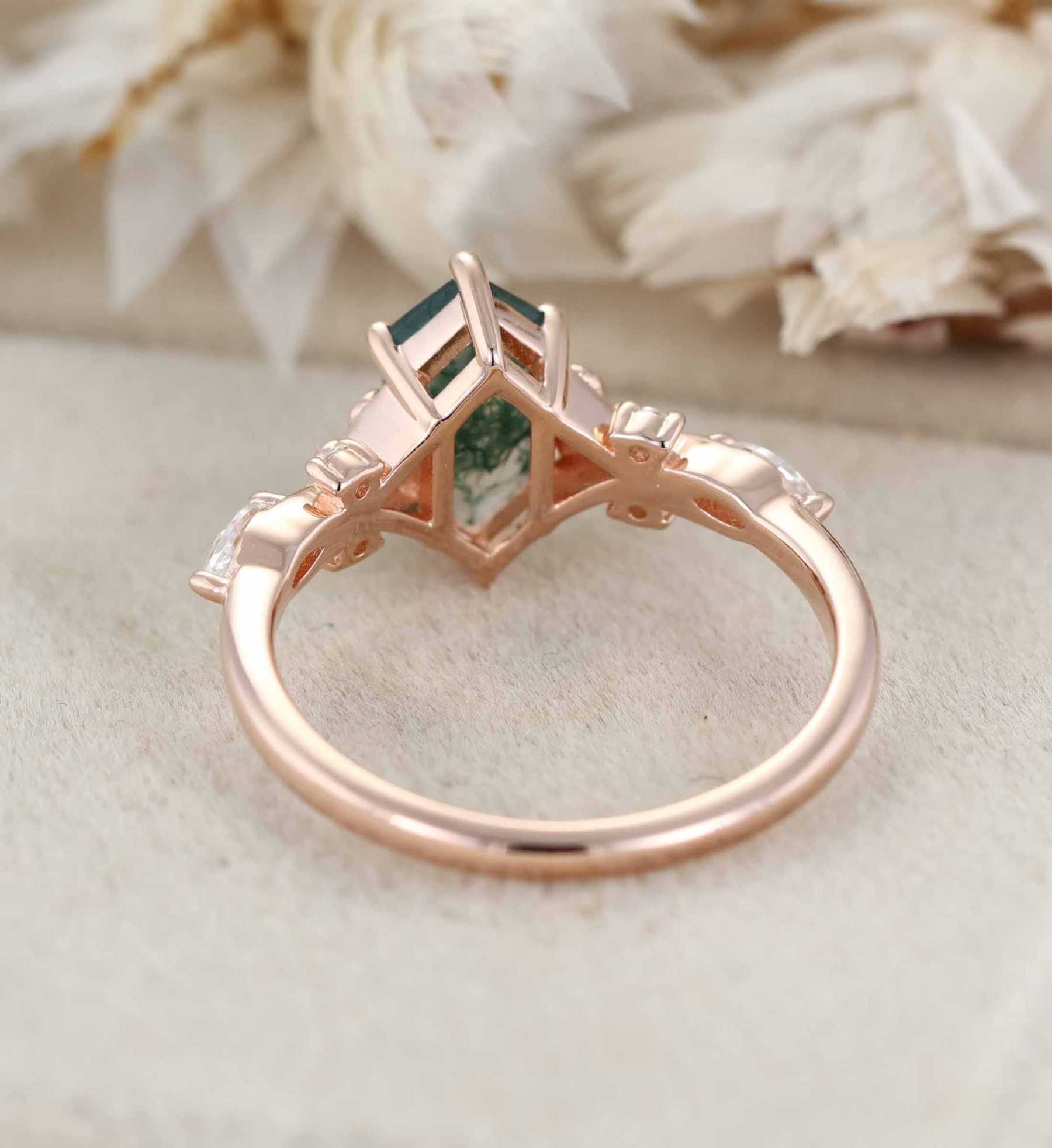 Hexagon Cut Moss Agate Engagement Ring Leaf Twist Marquise Diamond Rose Gold Band Moissanite Promise Gift