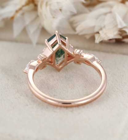 Hexagon Cut Moss Agate Engagement Ring Leaf Twist Marquise Diamond Rose Gold Band Moissanite Promise Gift