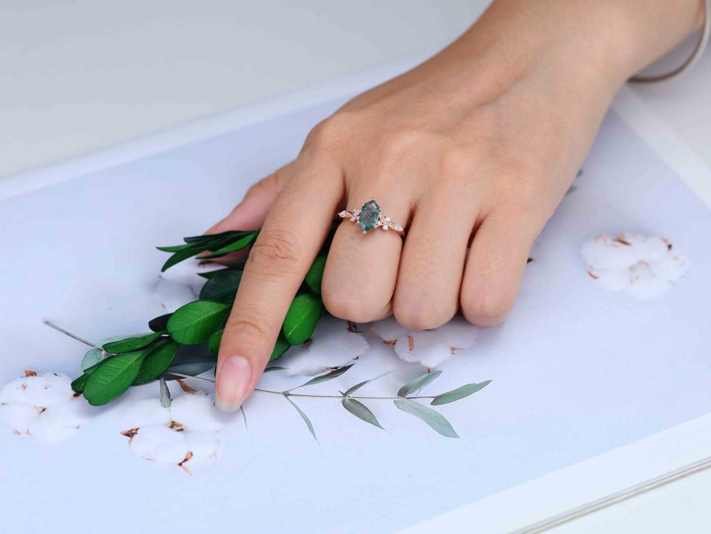 Hexagon Cut Moss Agate Engagement Ring Leaf Twist Marquise Diamond Rose Gold Band Moissanite Promise Gift