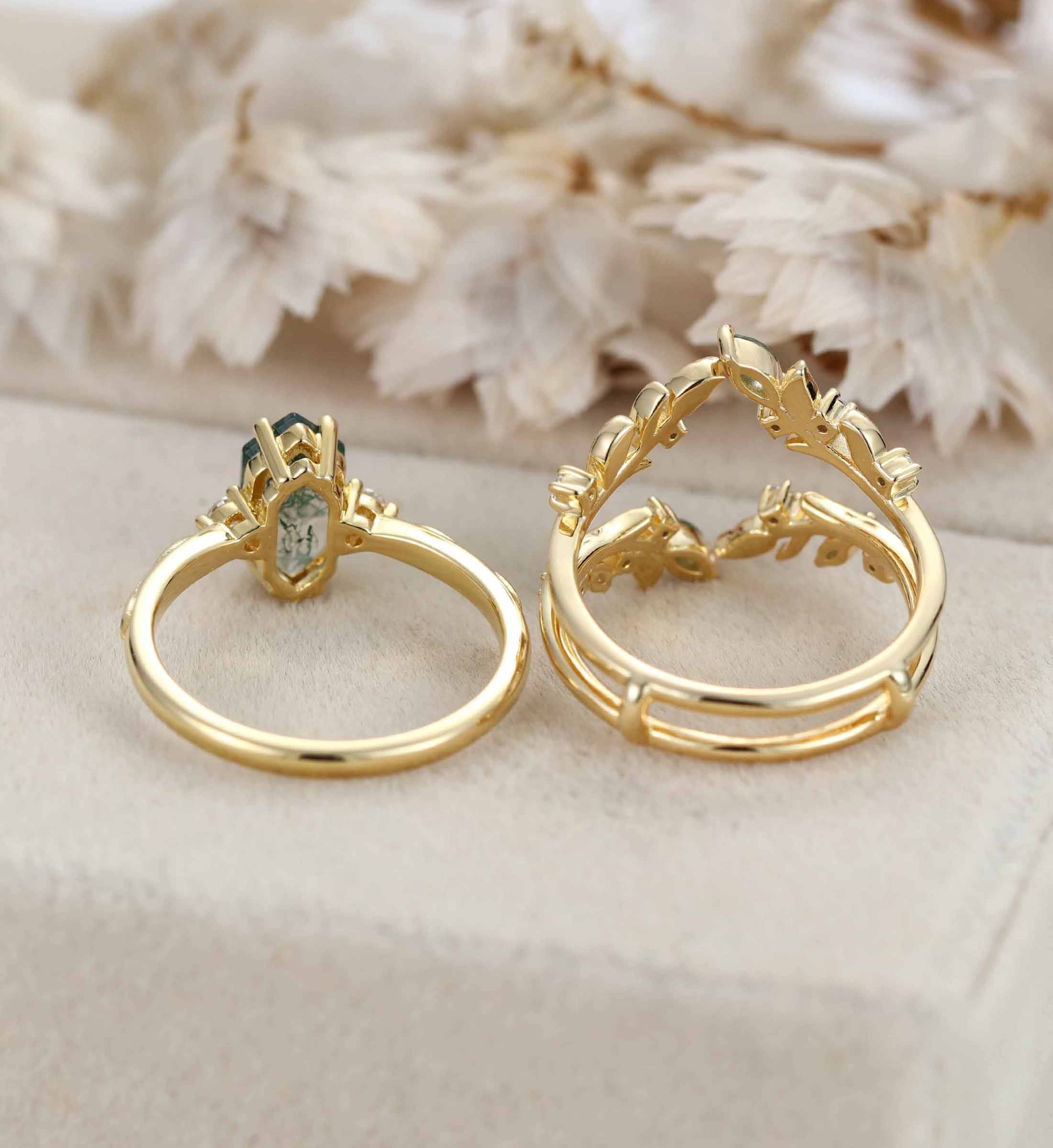 Hexagon Cut Moss Agate Engagement Ring Set Nature Inspired Leaf Moss Agate Ring Enhancer Moss Agate Wedding Ring Set Custom Promise Ring Set