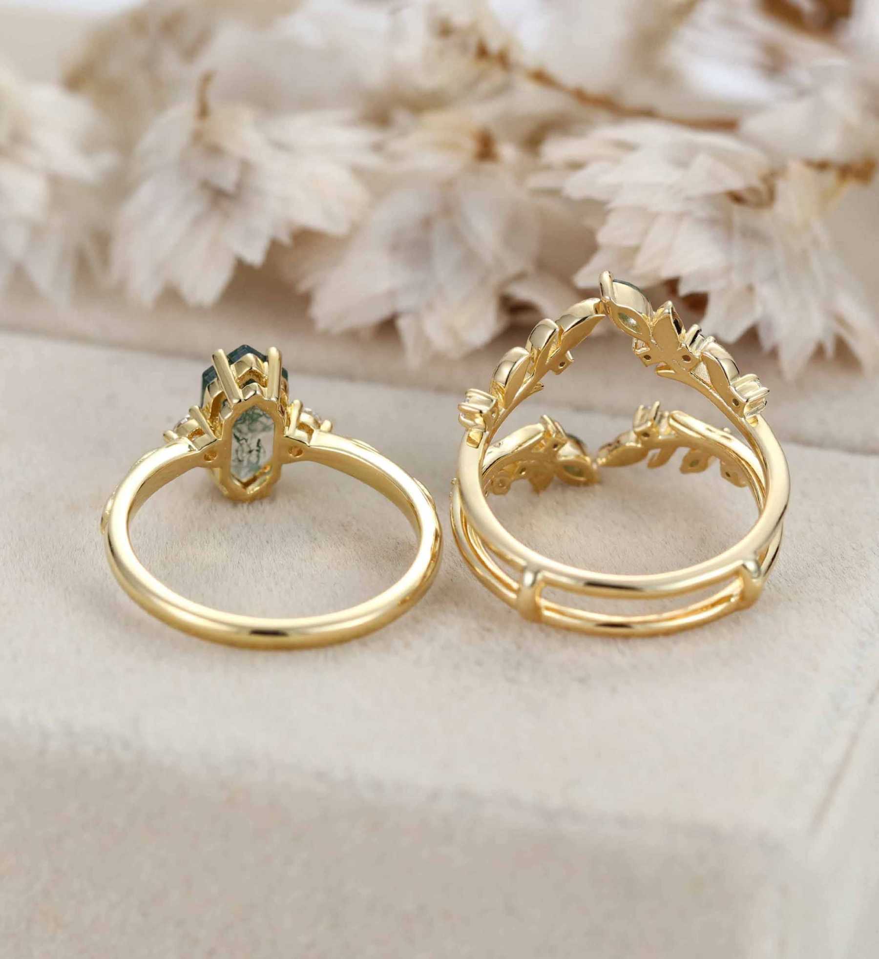 Hexagon Cut Moss Agate Engagement Ring Set Nature Inspired Leaf Moss Agate Ring Enhancer Moss Agate Wedding Ring Set Custom Promise Ring Set