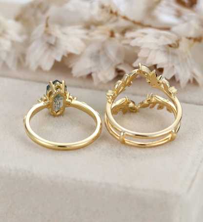 Hexagon Cut Moss Agate Engagement Ring Set Nature Inspired Leaf Moss Agate Ring Enhancer Moss Agate Wedding Ring Set Custom Promise Ring Set