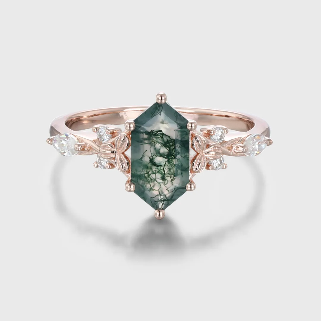 Hexagon Cut Moss Agate and Diamond Promise Ring, Leaf Twist Rose Gold Band Unique Gift for Her