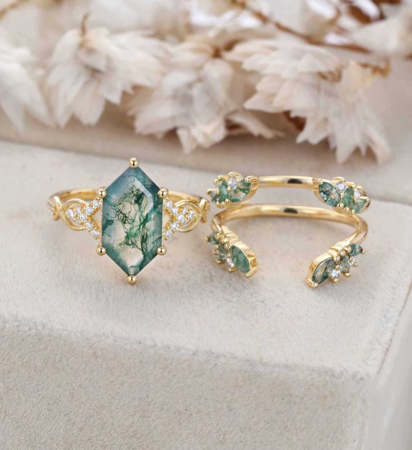 Hexagon Cut Natural Moss Agate Engagement Ring Set 14K Solid Gold leaf Marquise Moss Agate Bridal Wedding Band Unique Weave Diamond Set