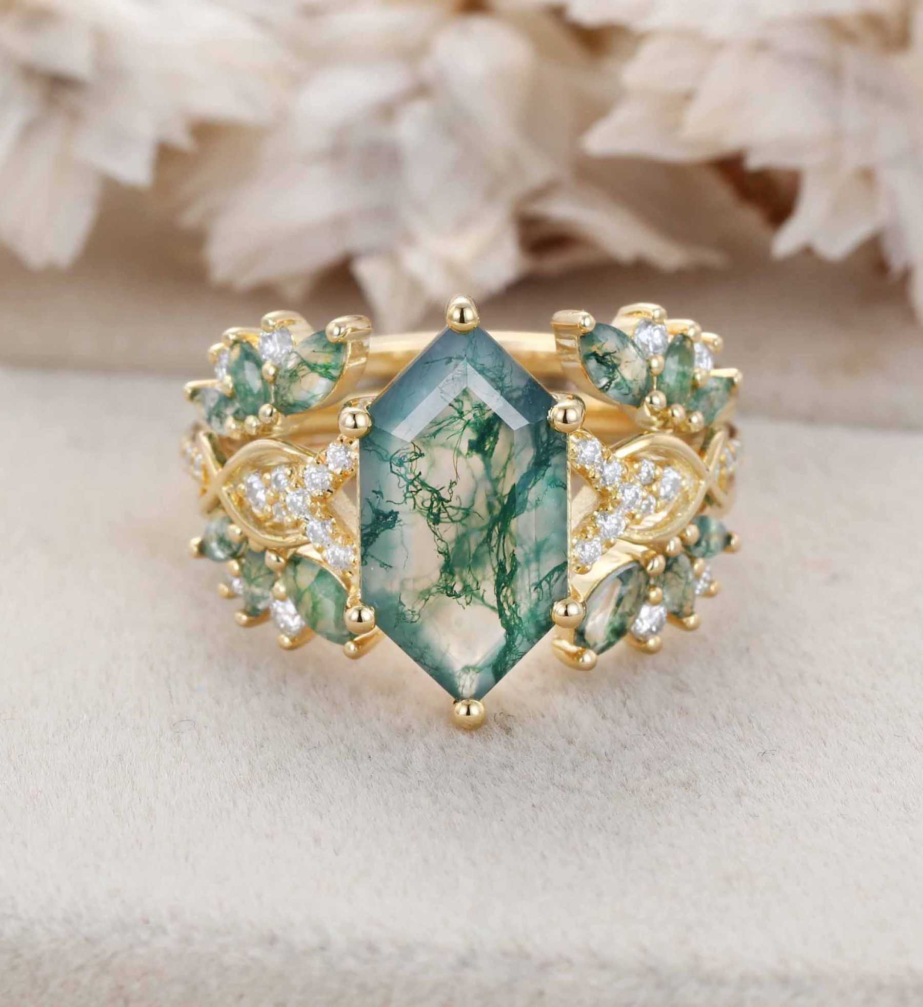 Hexagon Cut Natural Moss Agate Engagement Ring Set 14K Solid Gold leaf Marquise Moss Agate Bridal Wedding Band Unique Weave Diamond Set
