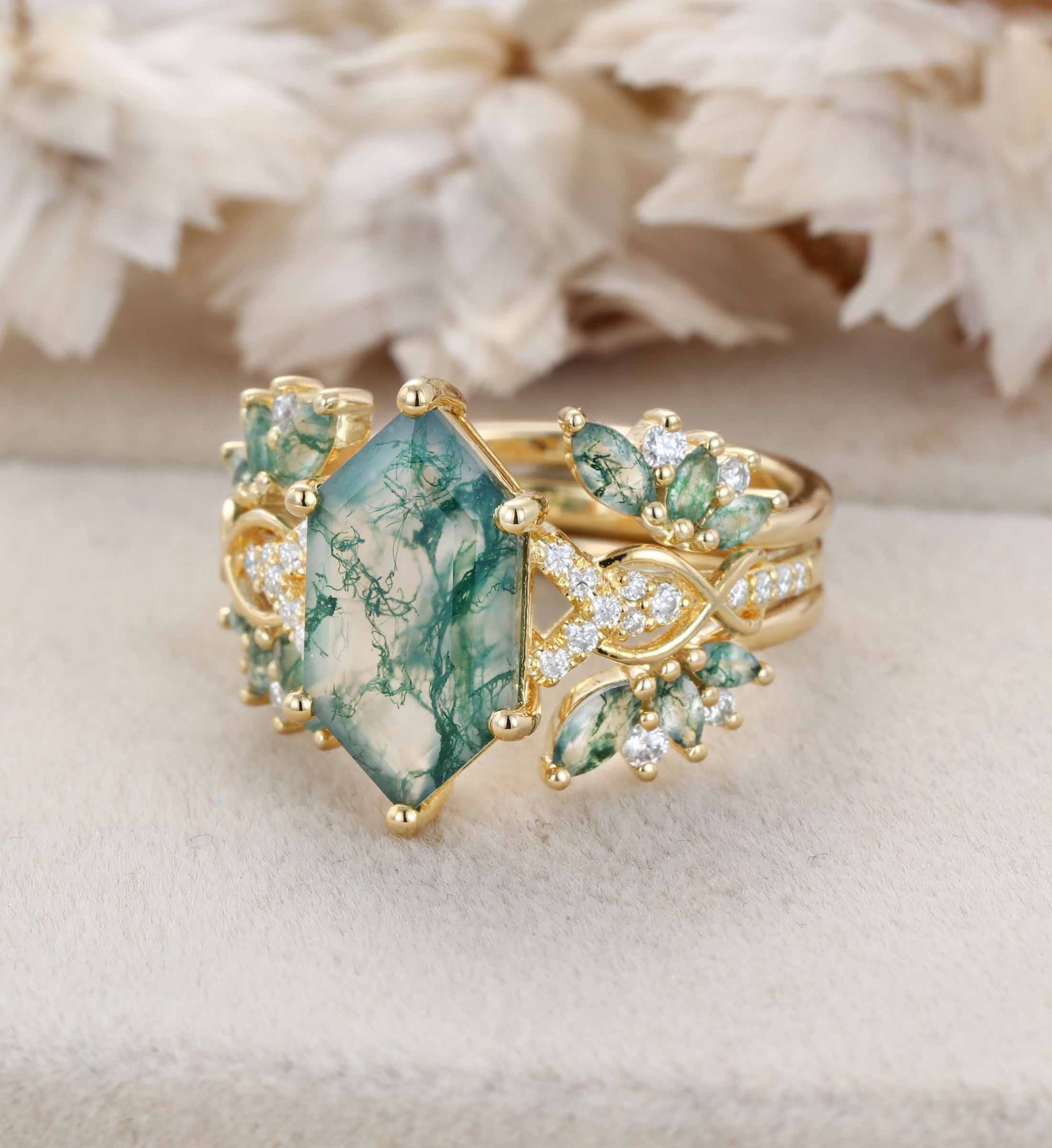Hexagon Cut Natural Moss Agate Engagement Ring Set 14K Solid Gold leaf Marquise Moss Agate Bridal Wedding Band Unique Weave Diamond Set