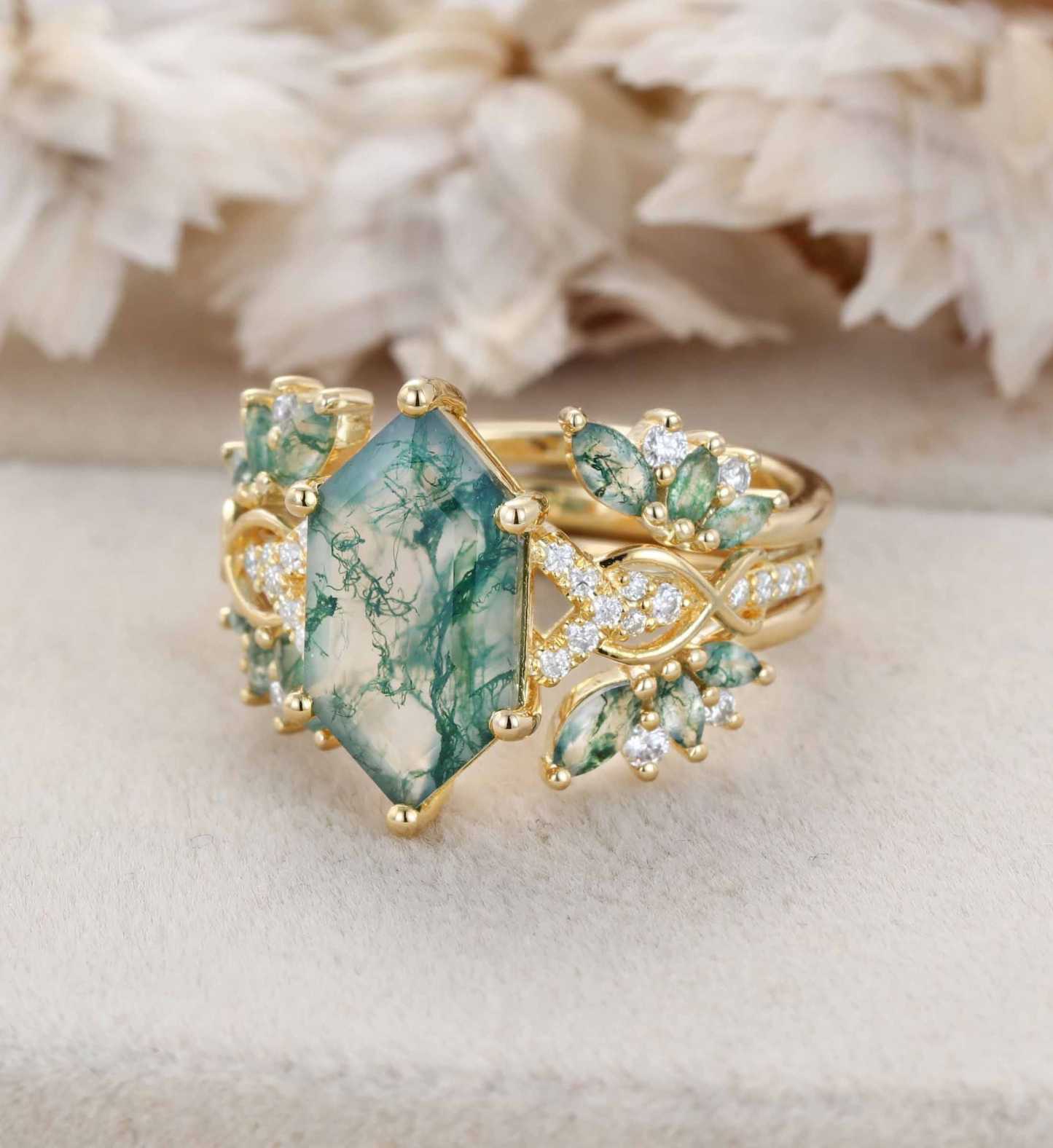 Hexagon Cut Natural Moss Agate Engagement Ring Set 14K Solid Gold leaf Marquise Moss Agate Bridal Wedding Band Unique Weave Diamond Set