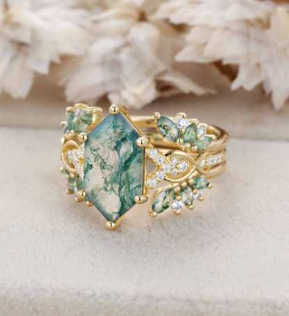Hexagon Cut Natural Moss Agate Engagement Ring Set 14K Solid Gold leaf Marquise Moss Agate Bridal Wedding Band Unique Weave Diamond Set