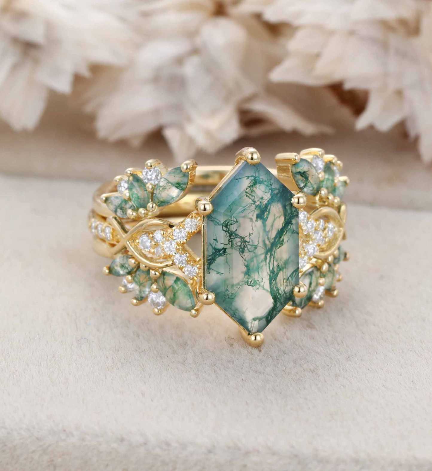 Hexagon Cut Natural Moss Agate Engagement Ring Set 14K Solid Gold leaf Marquise Moss Agate Bridal Wedding Band Unique Weave Diamond Set
