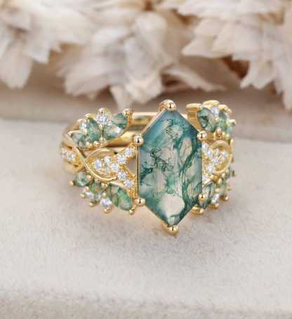 Hexagon Cut Natural Moss Agate Engagement Ring Set 14K Solid Gold leaf Marquise Moss Agate Bridal Wedding Band Unique Weave Diamond Set