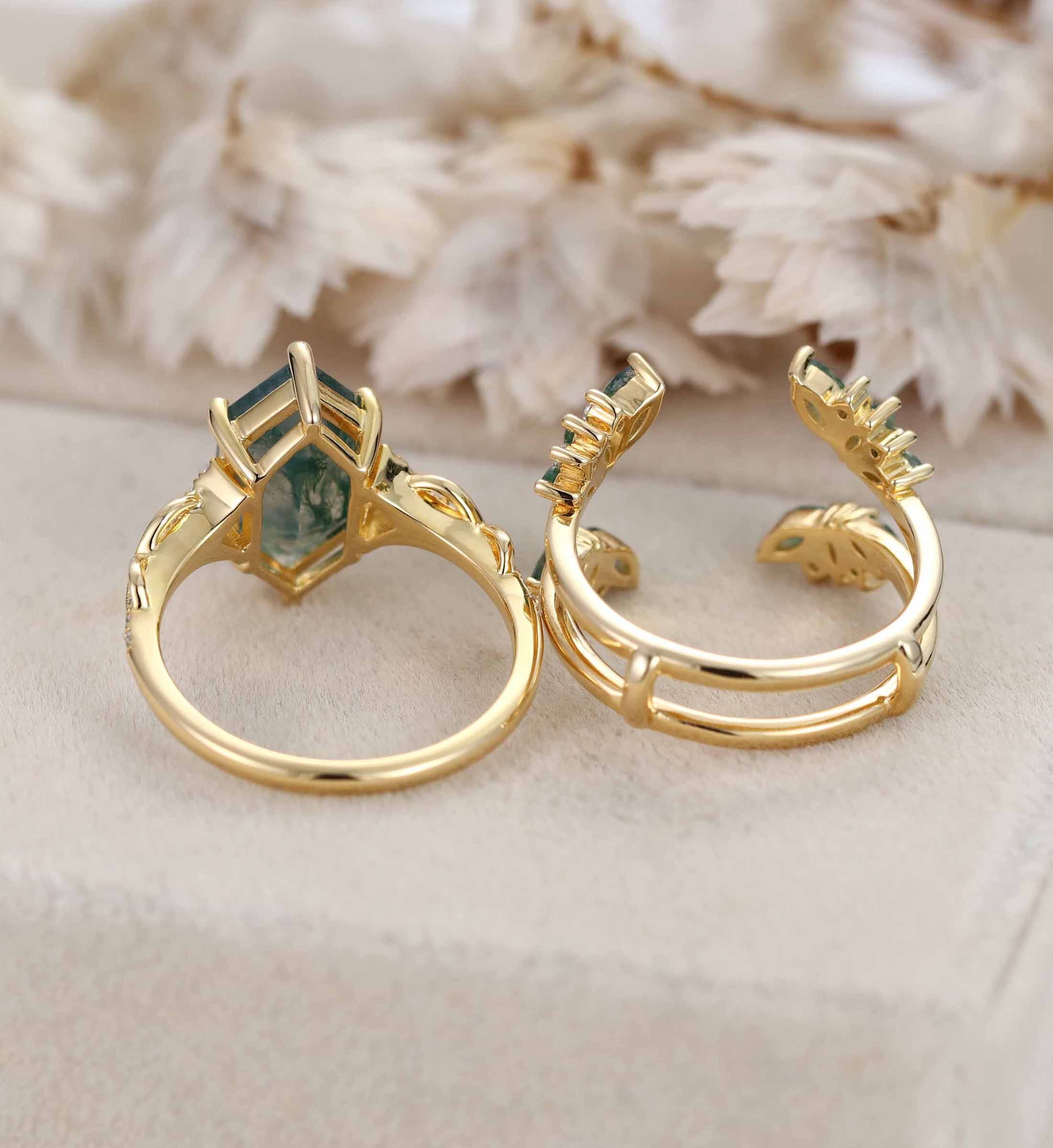 Hexagon Cut Natural Moss Agate Engagement Ring Set 14K Solid Gold leaf Marquise Moss Agate Bridal Wedding Band Unique Weave Diamond Set