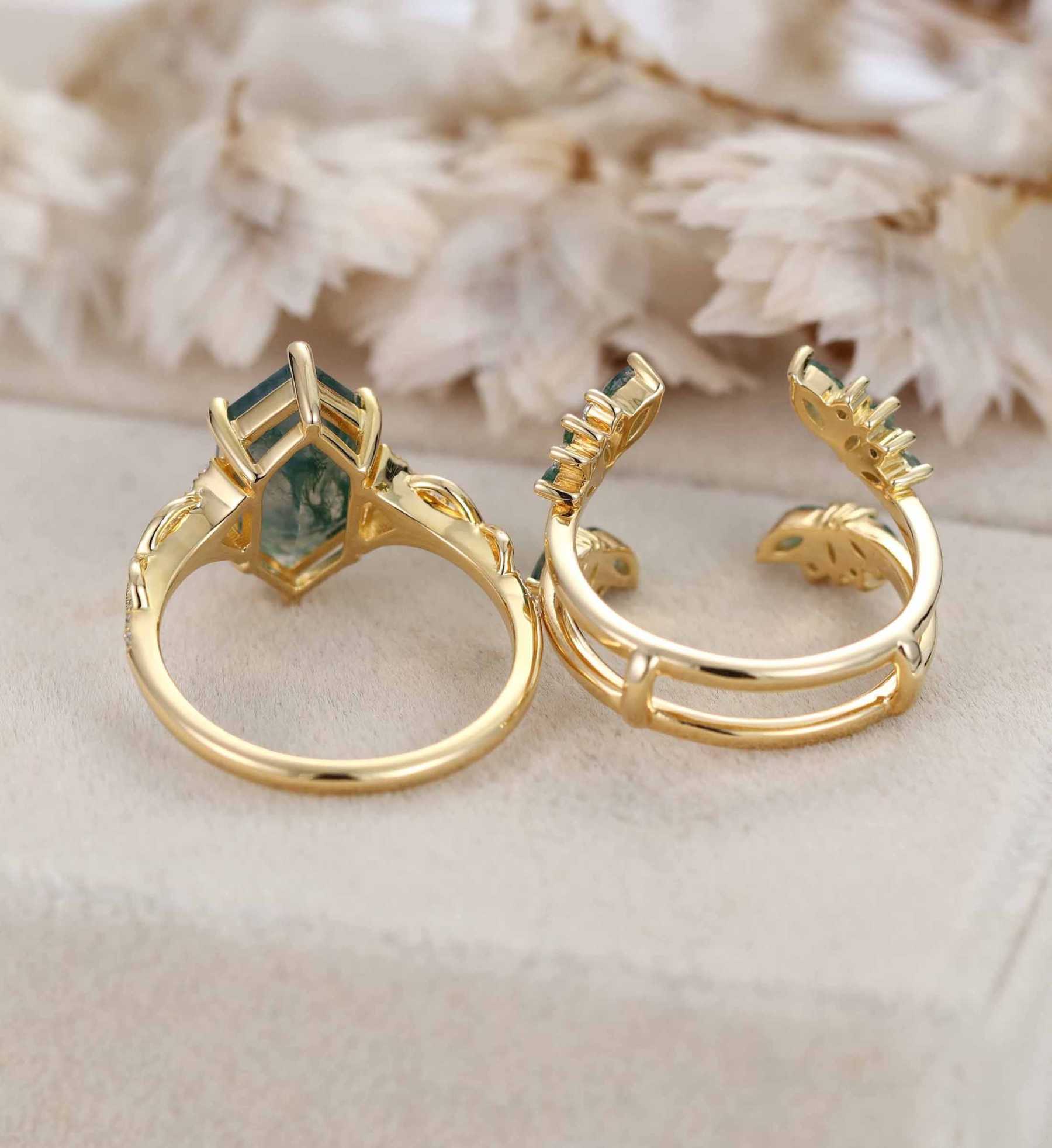 Hexagon Cut Natural Moss Agate Engagement Ring Set 14K Solid Gold leaf Marquise Moss Agate Bridal Wedding Band Unique Weave Diamond Set