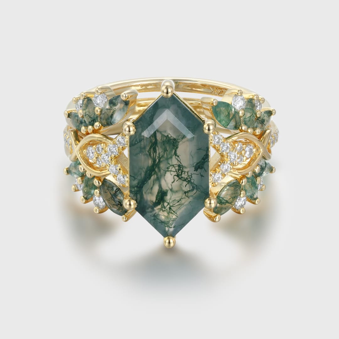 Hexagon Cut Natural Moss Agate Engagement Ring Set 14K Solid Gold leaf Marquise Moss Agate Bridal Wedding Band Unique Weave Diamond Set