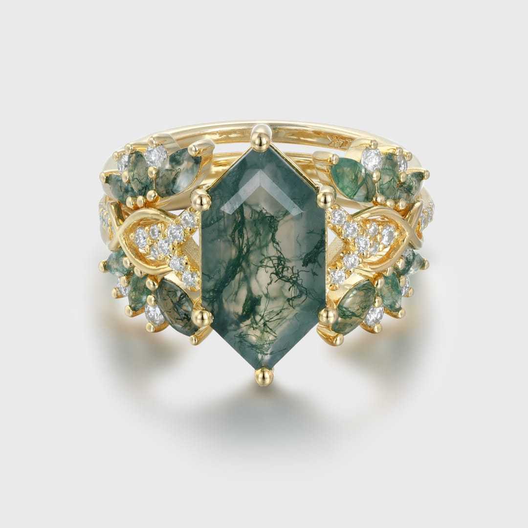 Hexagon Cut Natural Moss Agate Engagement Ring Set 14K Solid Gold leaf Marquise Moss Agate Bridal Wedding Band Unique Weave Diamond Set