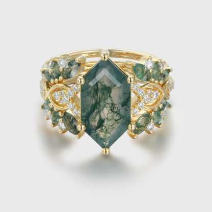 Hexagon Cut Natural Moss Agate Engagement Ring Set 14K Solid Gold leaf Marquise Moss Agate Bridal Wedding Band Unique Weave Diamond Set