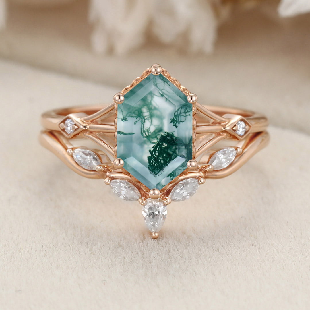 Hexagon Cut Natural Moss Agate Engagement Ring Set Vintage 14K Rose Gold Marquise Diamond Wedding Ring